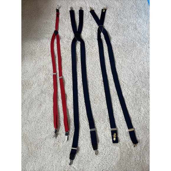 unmarked Other - LOT of 3 pairs Mens Suspenders clip metal solid red blue Navy